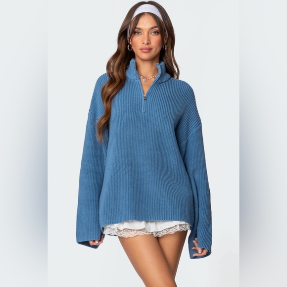 Edikted Sweaters - NWT Edikted Amour High Neck Oversized Zip Sweater Women’s Blue Size XL